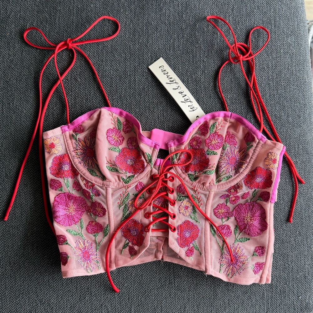 For Love & Lemons Embroidered Pink Floral Lace-Up Bustier Top